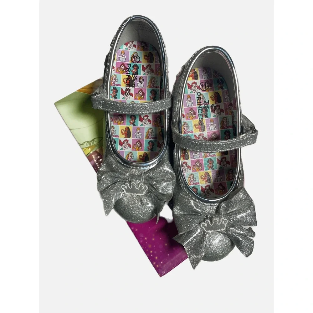 Disney Princess Shoes Kids 11 Silver Glitter Bow Crown Mary Jane Dress Up Heel